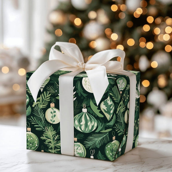 Green White Christmas Gift Wrap, Botanical Ornament Wrapping Paper, Winter Foliage Wrapping Paper, Xmas Pine Paper, Festive G