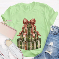 Bookworm Holiday Graphic Tee, Books Bows Lights Christmas Tree Shirt, Comfy Bookish Christmas T-Shirt, Reader Teacher Xmas Present Tee