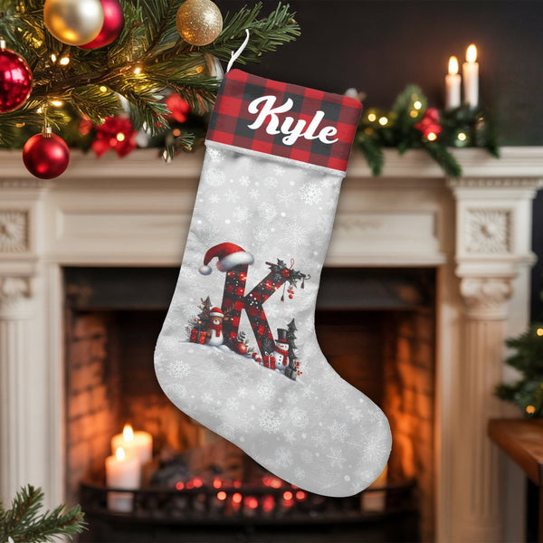 Custom Initial Holiday Stocking, Personalized Snowman Buffalo Plaid Christmas Stocking, Velboa Xmas Stocking, Comfy Winter Ma