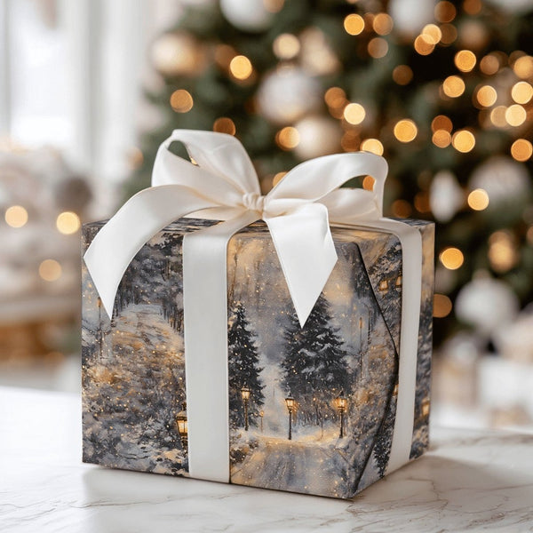 Winter Dusk Landscape Gift Wrap, Snowy Forest Lamppost Wrapping Paper, Scenic Christmas Wrapping Paper, Comfy Holiday Gift Wr