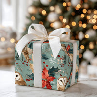 Rustic Poinsettia Owl Gift Wrap, Barn Owl Christmas Wrapping Paper, Woodland Botanical Wrapping Paper, Vintage Holiday Gift Wrap Roll