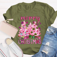 Festive Holiday Graphic T-Shirt, Pink Tree Christmas Teacher Shirt, Adorable Teacher Christmas Tee, Winter School Vacation Teacher Present