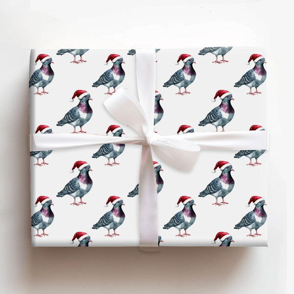 Santa Hat Bird Gift Wrap, Humorous Pigeon Christmas Wrapping Paper, Pigeon Wrapping Paper Roll, Holiday Wrapping Paper, Bird 