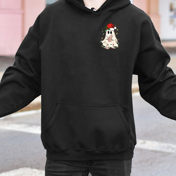 Adorable Santa Hat Spooky Sweatshirt, Christmas Ghost Hoodie, Retro Spooky Season Holiday Pullover, Pastel Ghost Hooded Sweat