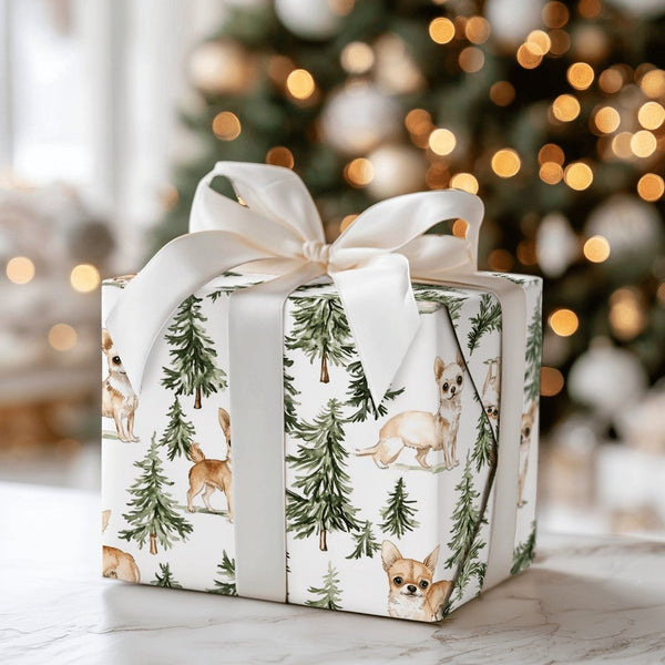 Watercolor Dog Gift Wrap, Chihuahua Wrapping Paper, Pine Tree Holiday Wrapping Paper, Adorable Puppy Present Paper, Dog Lover