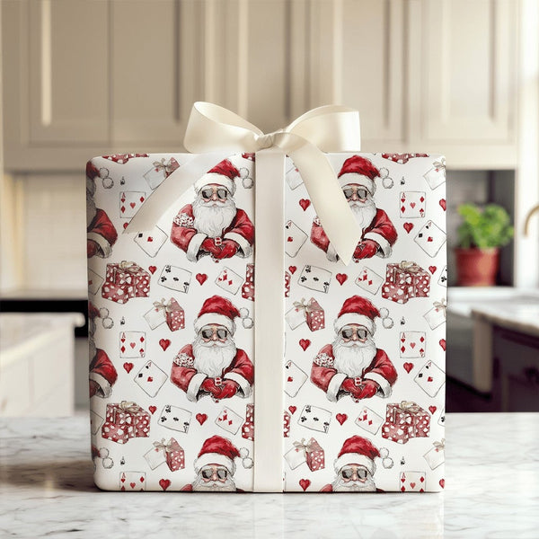 Poker Card Christmas Gift Wrap, Cool Santa Wrapping Paper, Sunglasses Santa Holiday Wrapping Paper, Casino Game Lover Xmas Wr