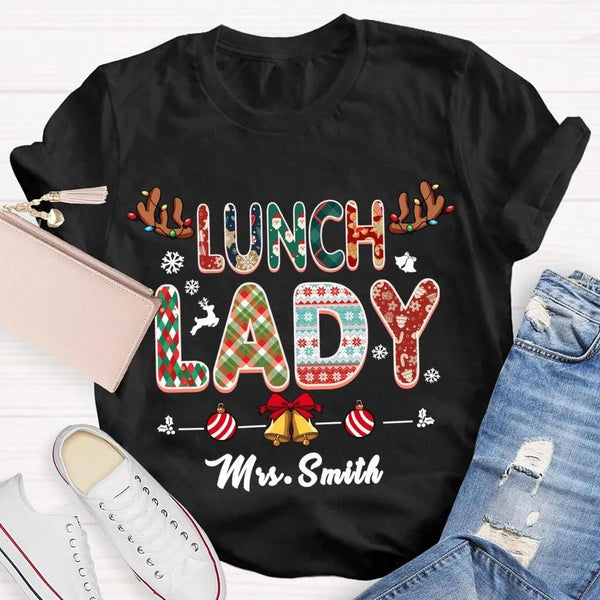 Custom Cafeteria Staff Holiday Shirt, Personalized Lunch Lady Christmas T-Shirt, Snowflake Bells Xmas Graphic Tee, School Wor