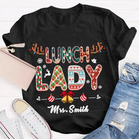 Custom Cafeteria Staff Holiday Shirt, Personalized Lunch Lady Christmas T-Shirt, Snowflake Bells Xmas Graphic Tee, School Worker Present