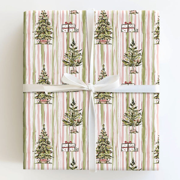 Watercolor Pink Sage Gift Wrap, Striped Christmas Tree Wrapping Paper, Holiday Presents Present Paper, Festive Xmas Wrapping 
