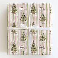 Watercolor Pink Sage Gift Wrap, Striped Christmas Tree Wrapping Paper, Holiday Presents Present Paper, Festive Xmas Wrapping Paper Roll