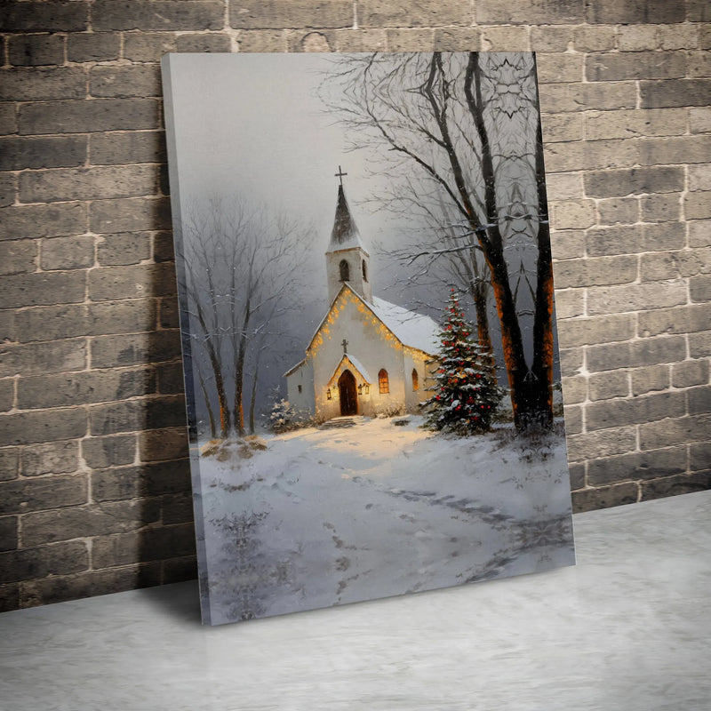 Snowy Winter Landscape Lit Tree Wall Art, Christmas Church Canvas Print, Religious Holiday Scene Decor, Digital Download, Xmas Home Present
