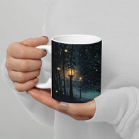 Glowing Lanterns Snowy Pine Trees Coffee Mug, Enchanted Winter Forest Ceramic Mug, Comfy Landscape Tea Cup, Christmas Holiday Present Mug