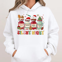 Medication Vials Christmas Hoodie, Silent Night Nurse Hoodie, Humorous Medical ICU RN Holiday Hoodie, Winter Healthcare Graphic Sweatshirt