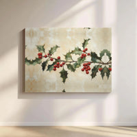 Vintage Red Berry Canvas Print, Christmas Holly Branch Canvas Art, Botanical Holiday Canvas Wall Art, Winter Holly Wall Decor, Xmas Present