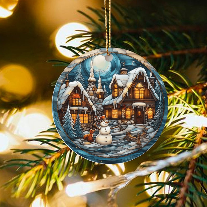Snowman Fox Christmas Ornament, Stained Glass Winter Village Ornament, Winter Scenic Ceramic Ornament, Holiday Tree Keepsake Present