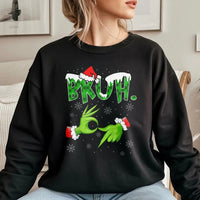 Humorous Green Monster Hands Holiday Sweater, Bruh Christmas Sweatshirt, Meme Graphic Xmas Crewneck, Retro Winter Pullover, Teen Present