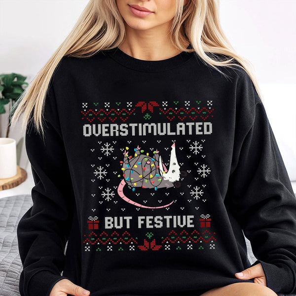 Humorous Possum Christmas Crewneck, Overstimulated but Festive Opossum Sweatshirt, Ugly Xmas Animal Sweater, Holiday Humor Gr