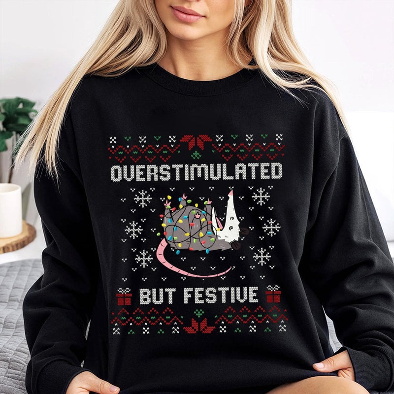 Humorous Possum Christmas Crewneck, Overstimulated but Festive Opossum Sweatshirt, Ugly Xmas Animal Sweater, Holiday Humor Graphic Pullover