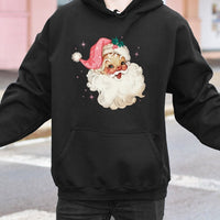Pink Vintage Christmas Graphic Pullover, Retro Santa Hoodie, Adorable Coquette Holiday Hooded Sweatshirt, Girly Pastel Winter Xmas Present