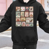 Retro Holiday Stamp Collage Hoodie, Vintage Christmas Stamp Hoodie, Festive Winter Graphic Hooded Sweatshirt, Comfy Christmas Present Hoodie