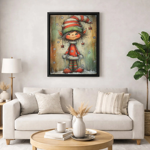 Whimsical Holiday Elf Canvas Print, Christmas Elf Canvas Wall Art, Winter Snowflakes Wall Art, Festive Xmas Room Canvas, Holi