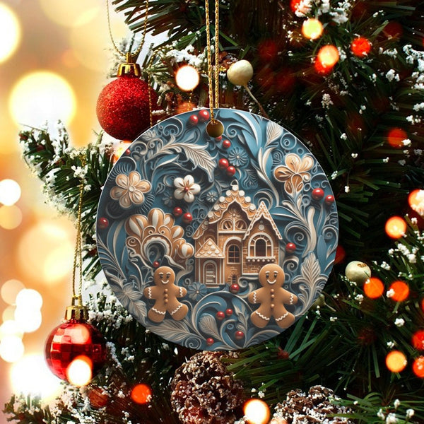 Winter Wonderland Holiday Ornament, Gingerbread House Christmas Ornament, Glossy Ceramic Tree Ornament, Adorable Keepsake, Xm