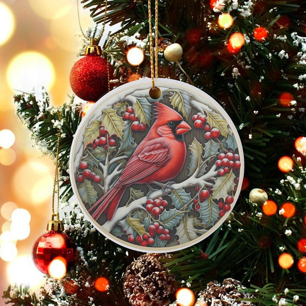 Winter Holly Branch Bird Ornament, Red Cardinal Ceramic Ornament, Nature Christmas Tree Decor, Holiday Keepsake Present for B