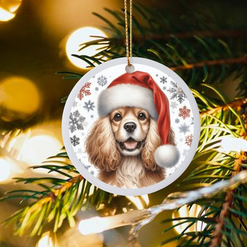 Adorable Santa Hat Dog Ceramic Ornament, Cocker Spaniel Christmas Ornament, Festive Puppy Holiday Ornament, Pet Lover Xmas Tree Keepsake Present