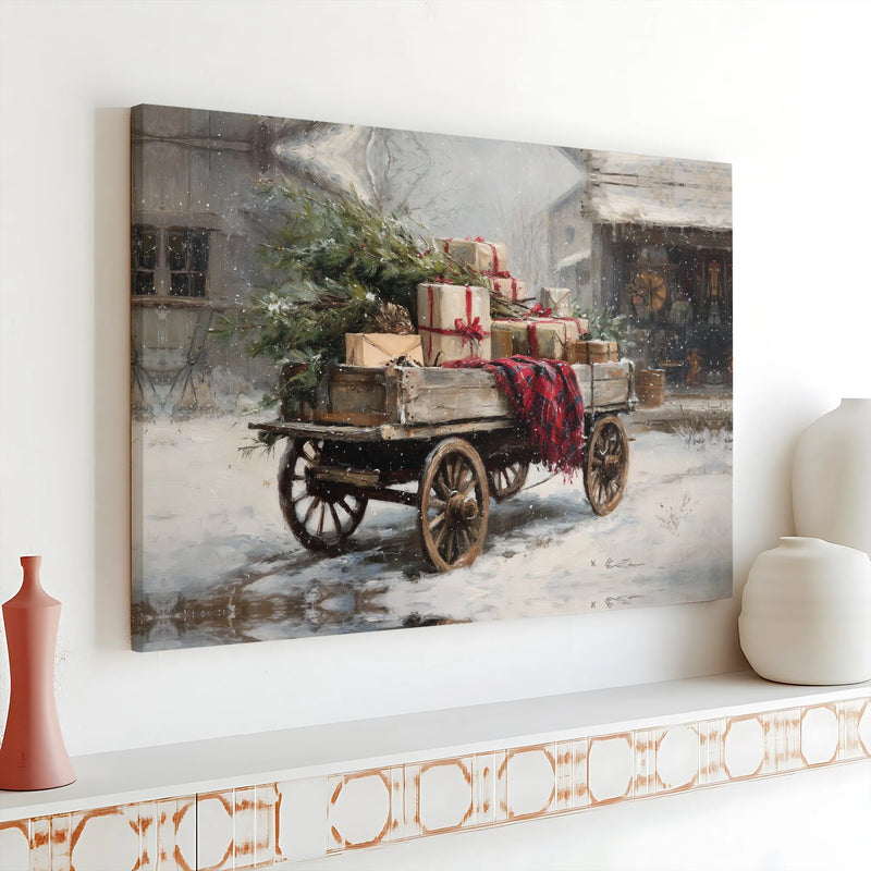 Snowy Christmas Canvas Print, Vintage Christmas Wagon Wall Art, Rustic Winter Digital Download, Farmhouse Holiday Decor, Xmas Tree Art