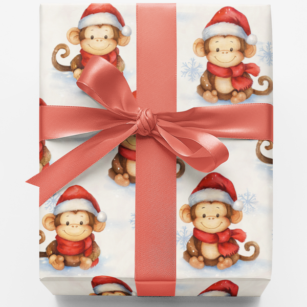 Adorable Snowy Winter Monkey Wrapping Paper, Santa Monkey Christmas Gift Wrap Paper, Holiday Present Paper Roll for Kids and 
