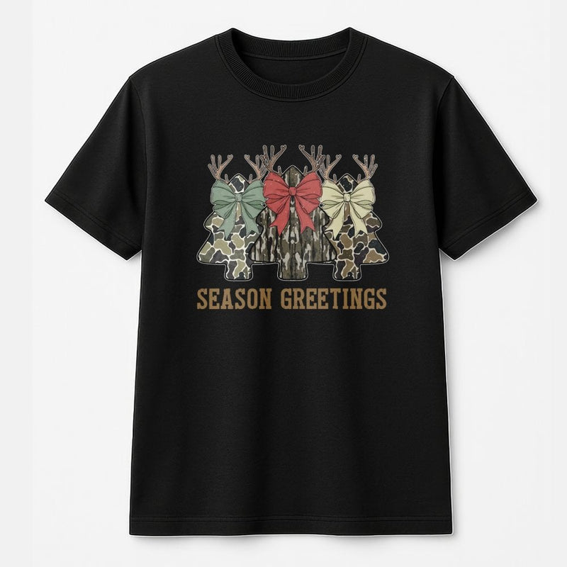 Rustic Reindeer Bow Holiday Tee, Camo Christmas Tree T-Shirt, Camouflage Hunting Country Christmas T-Shirt, Winter Outdoors Woman Present