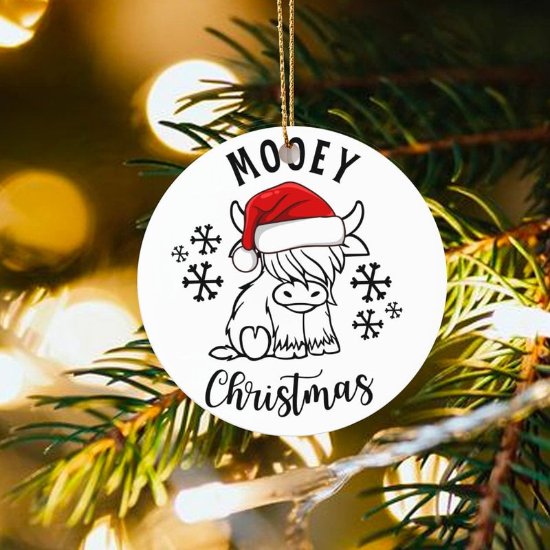 Adorable Santa Hat Cow Ornament, Mooey Christmas Highland Cow Ornament, Ceramic Holiday Keepsake, Farmhouse Christmas Tree Ornament, Xmas Present