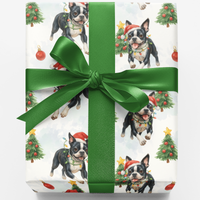 Santa Hat Dog Gift Wrap, Boston Terrier Christmas Wrapping Paper, Festive Boston Terrier Wrapping Paper, Boston Terrier Holiday Gift Wrap