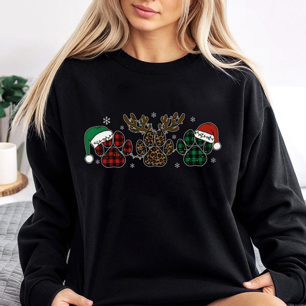 Buffalo Plaid Leopard Dog Lover Sweater, Christmas Dog Paw Sweatshirt, Santa Hat Puppy Holiday Crewneck, Winter Xmas Pullover
