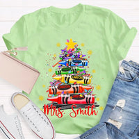 Custom Name Holiday Shirt, Personalized Christmas Tree T-Shirt, Colorful Crayon Snowflake Graphic Tee, Kids Family Christmas Tee