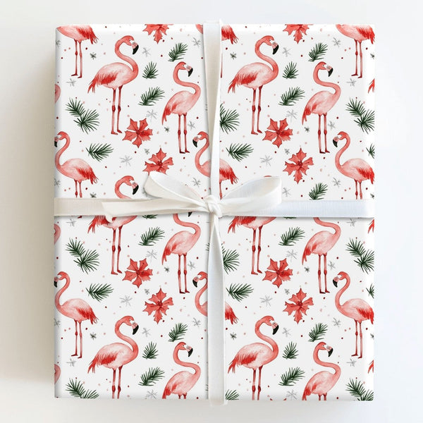 Flamingo Poinsettia Gift Wrap, Tropical Christmas Wrapping Paper, Pink Flamingo Holiday Wrapping Paper, Festive Winter Gift W