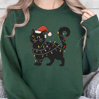 Adorable Santa Hat Kitten Crewneck, Black Cat Christmas Sweatshirt, Cat Holiday Lights Sweater, Humorous Winter Cat Lover Pullover, Xmas Present