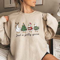 Humorous Christmas Goose Holiday Graphic Sweater, Just A Jolly Goose Sweatshirt, Adorable Winter Animal Pullover, Festive Farm Bird Crewneck