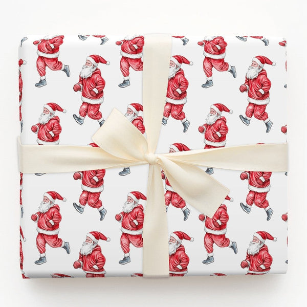 Athletic Running Santa Claus Gift Wrap, Jogging Santa Wrapping Paper, Humorous Fitness Santa Holiday Paper, Christmas Gift Wr