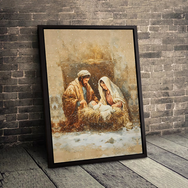 Snowy Holy Family Canvas Print, Nativity Scene Canvas Wall Art, Christian Christmas Wall Decor, Religious Holiday Season Canv