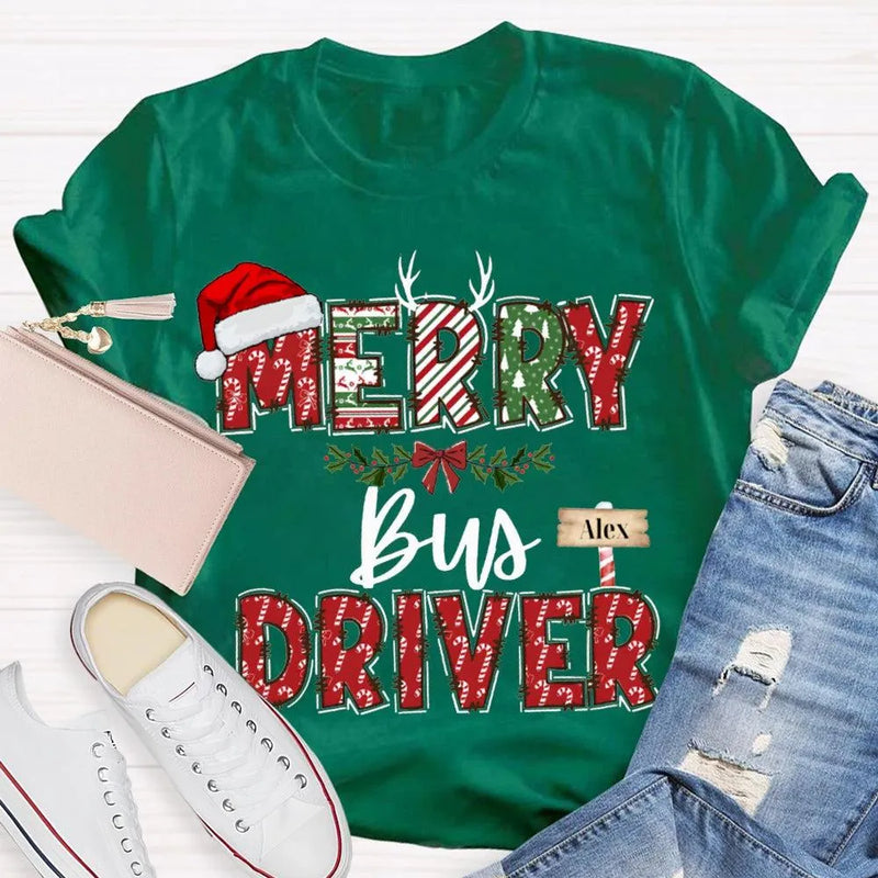 Custom Santa Hat Holiday Graphic Tee, Personalized Bus Driver Christmas T-Shirt, Merry Christmas Driver Shirt, Adorable Xmas School Bus Tee