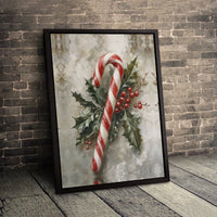 Holly Berries Botanical Print, Vintage Christmas Candy Cane Canvas Wall Art, Festive Holiday Wall Decor, Retro Seasonal Xmas Canvas
