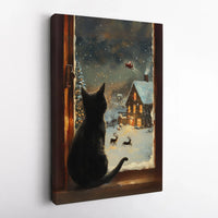 Santa Sleigh Snowy Village Wall Art, Black Cat Christmas Canvas Print, Comfy Winter Holiday Kitten Poster, Digital Download Cat Present