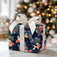 Winter Fish Gift Wrap, Goldfish Holiday Wrapping Paper, Pine Holly Berry Wrapping Paper, Navy Blue Xmas Gift Wrap, Aquatic Christmas Paper