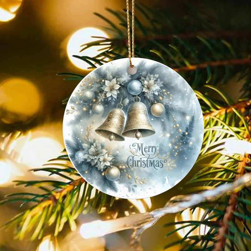 Winter Floral Holiday Ornament, Golden Bells Christmas Ornament, Elegant Merry Christmas Ceramic Ornament, Festive Tree Decor Ornament