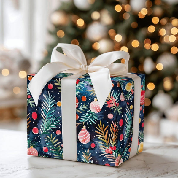 Navy Pine Branch Gift Wrap, Watercolor Ornament Wrapping Paper, Festive Christmas Ornament Wrapping Paper, Holiday Present Pa