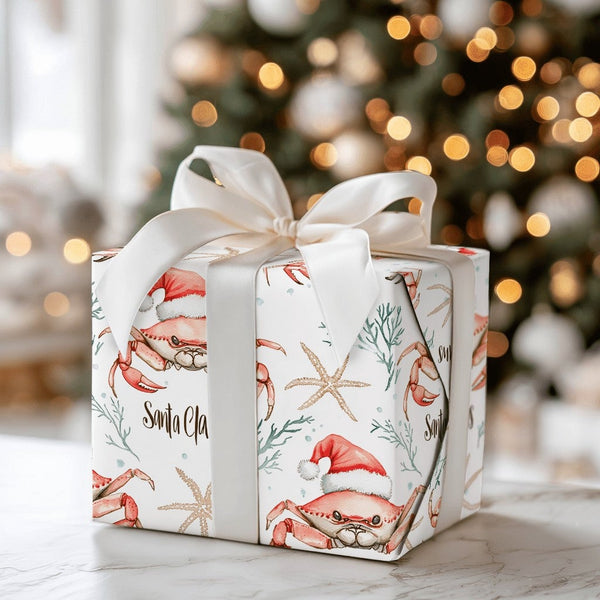 Coastal Crab Christmas Gift Wrap, Santa Claws Crab Wrapping Paper, Nautical Watercolor Crab Wrapping Paper, Beach Holiday Cra