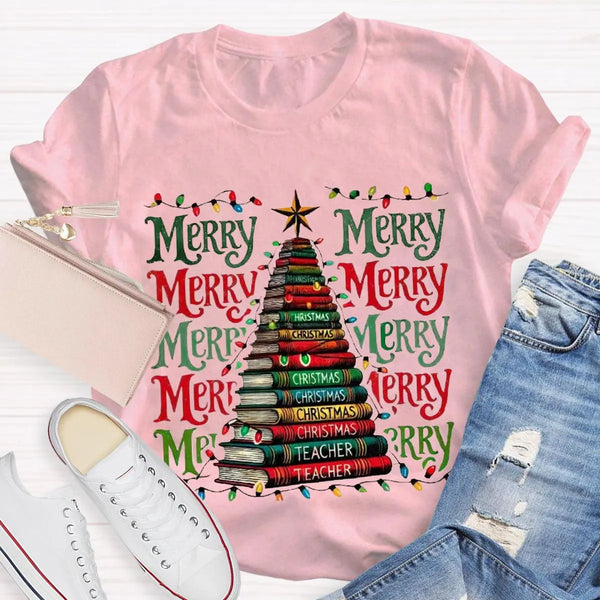 Festive Reading Holiday Graphic Tee, Christmas Book Tree Teacher Shirt, Bookish Xmas Tree T-Shirt, English Teacher Christmas 