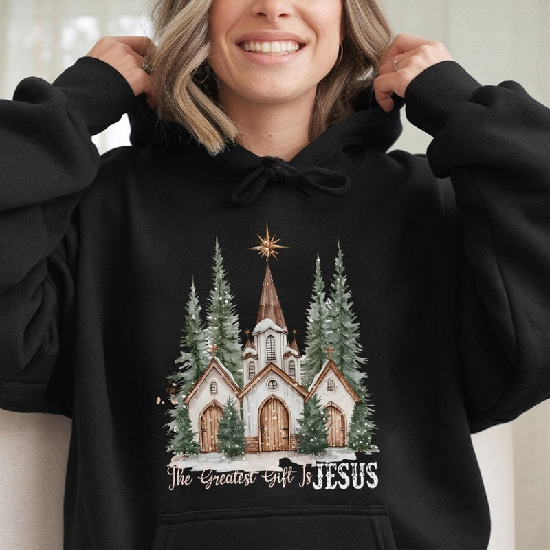 Watercolor Christmas Church Hooded Sweatshirt, The Greatest Present Is Jesus Hoodie, Religious Christian Faith Pullover, Nativity Xmas Hoodie