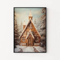 Whimsical Winter Forest Scene Poster, Gingerbread Church Wall Art, Comfy Christmas Village Print, Festive Holiday Decor Poster Present